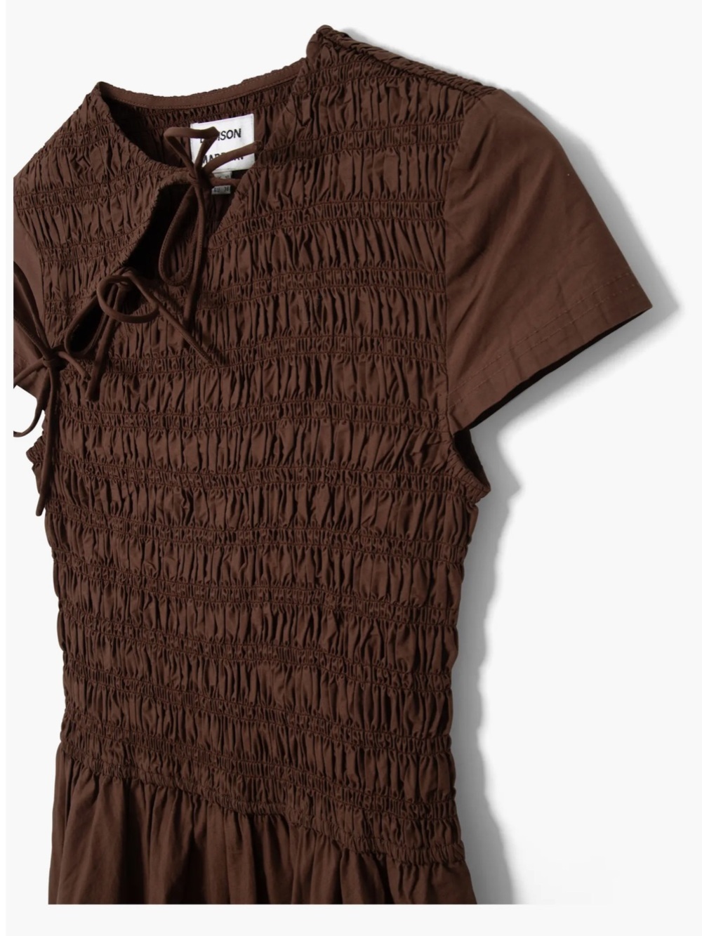 Smocked Brown Maxi Dress with Tie Neck